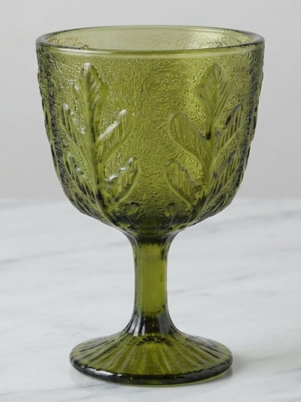 Vintage 1975 FTD Avocado Green Embossed Leaf Goblet Vase Glass Pedestal Cup